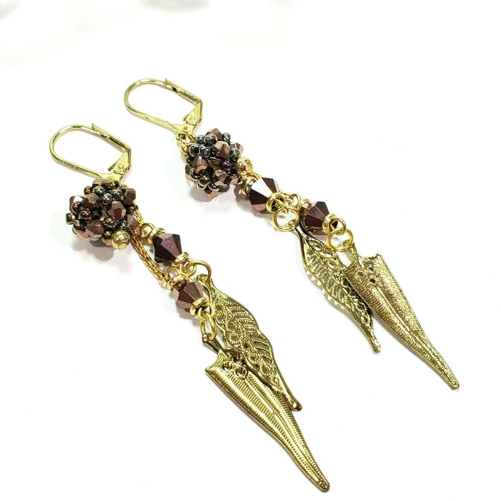 Gold Tone Bronze Crystal Dangle Earrings Lever